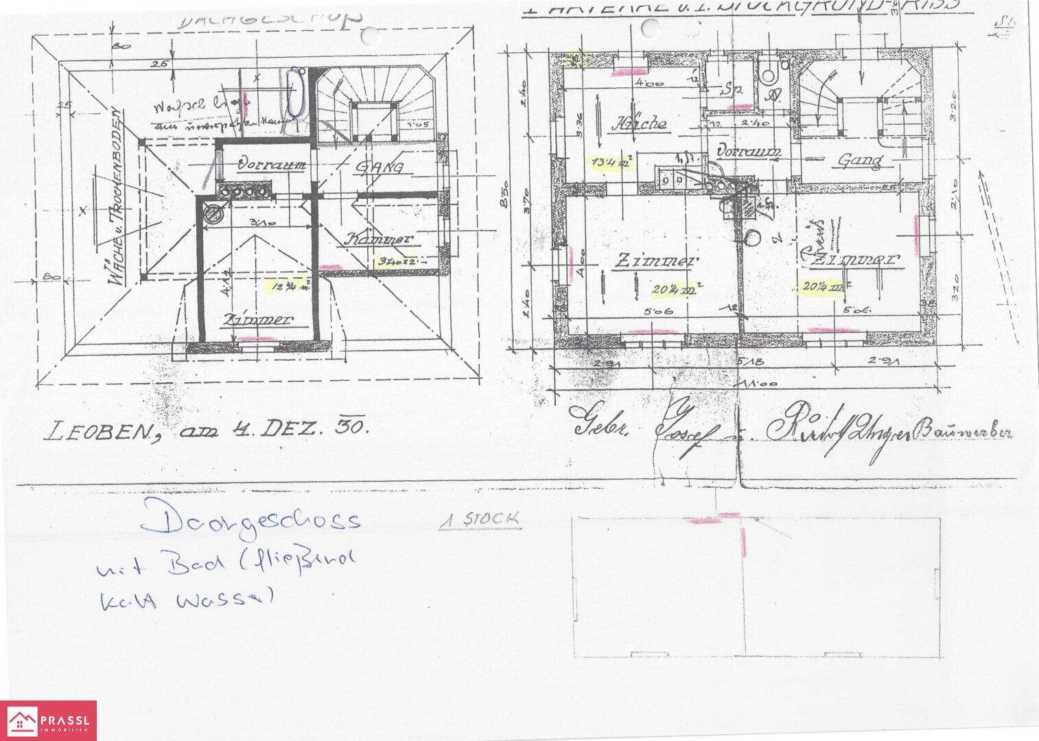 Historischer Grundriss des Dachgeschosses und ersten Stocks mit Zimmern und Treppenhaus.
