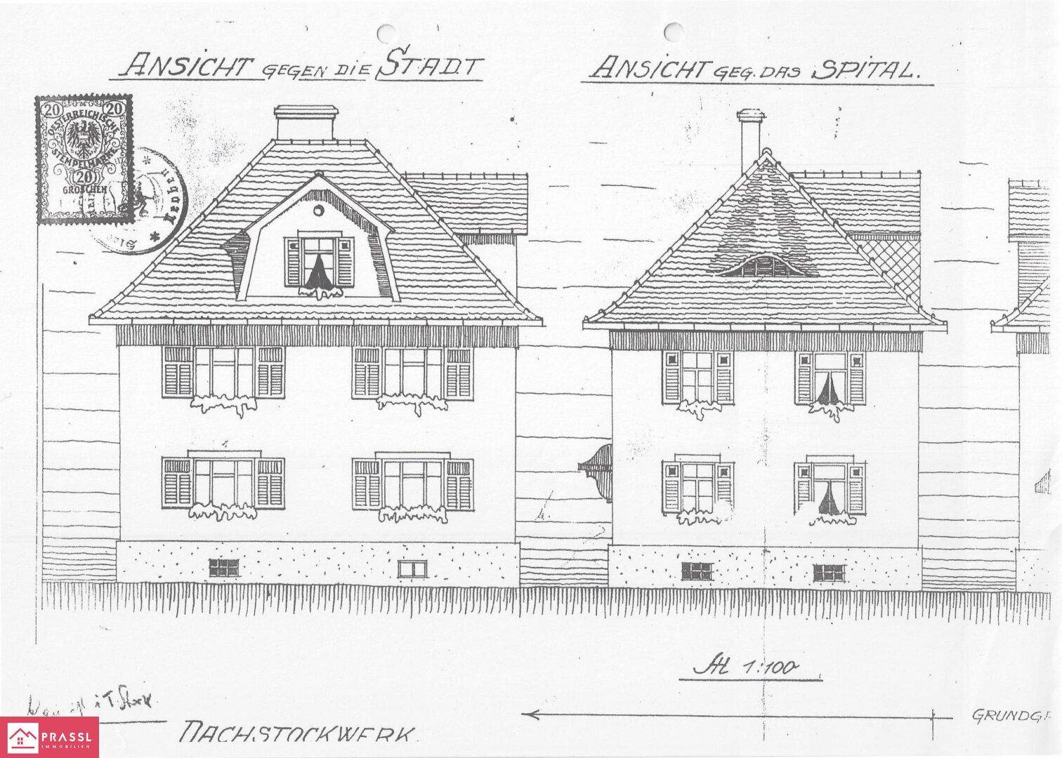 Historische Ansichten der Gebäudefassaden mit Fenstern und Dachformen.
