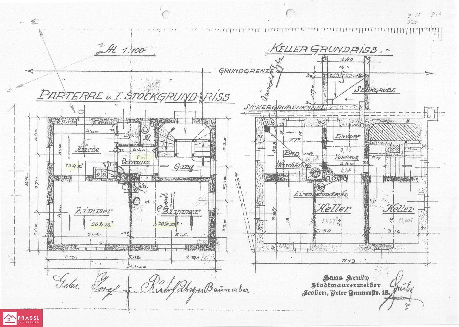 Historischer Grundriss des Erdgeschosses und Kellers mit Zimmeraufteilung und Maßen.