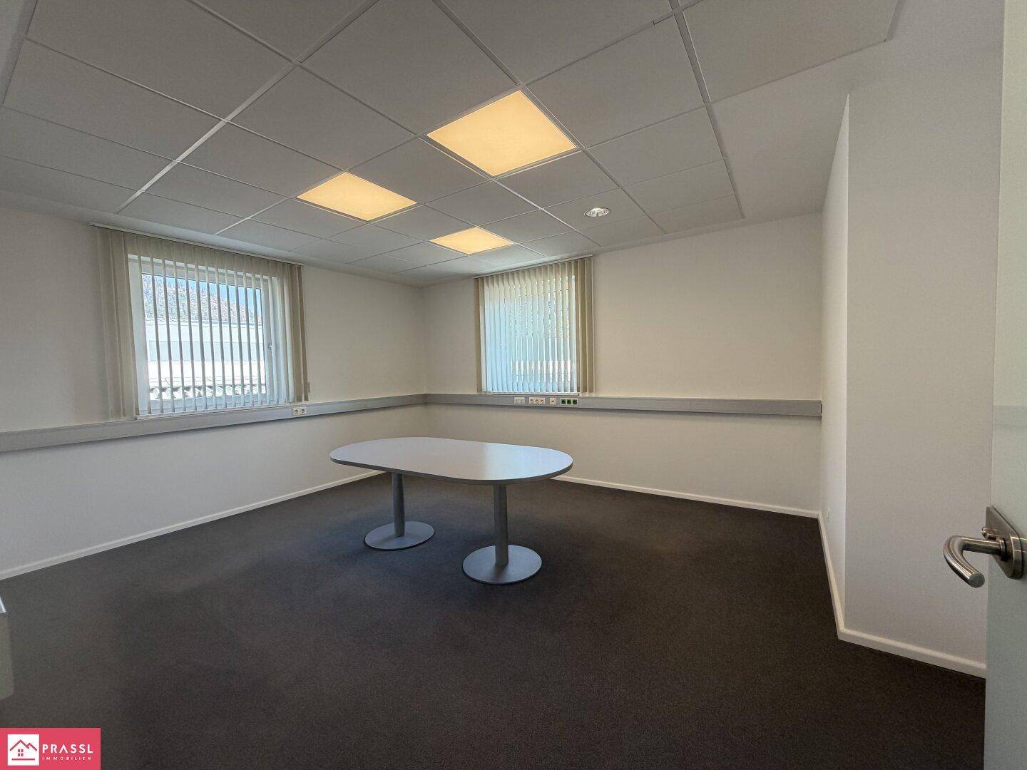 Büro mit Teppichboden, abgehängter Decke und einem ovalen Besprechungstisch.
