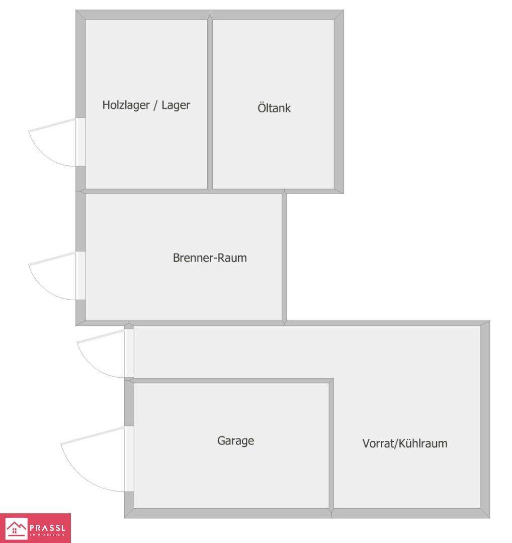 Grundriss des Kellergeschosses mit Garage, Heizraum und Lagerräumen.