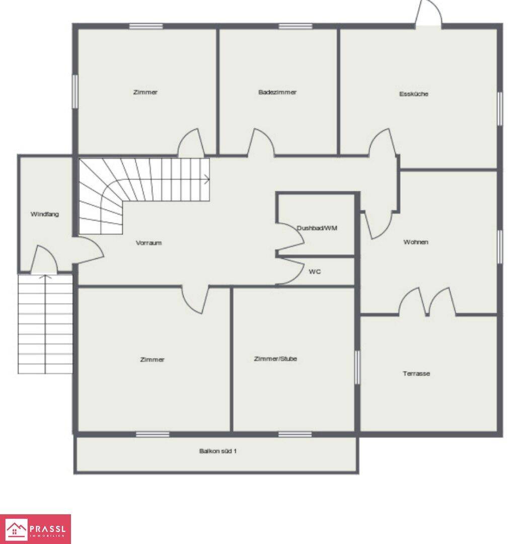 Grundriss des Erdgeschosses mit Wohnzimmer, Essküche, Bad und Terrasse.