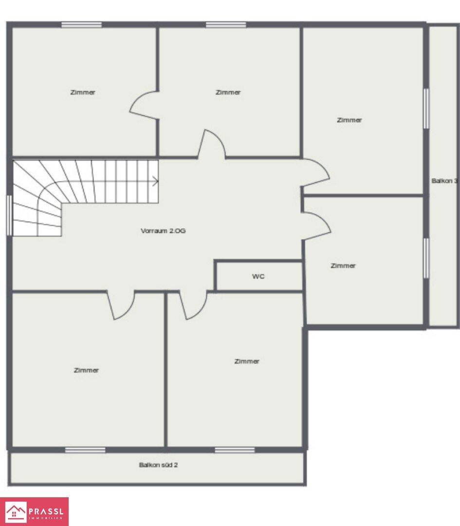 Grundriss des Obergeschosses mit mehreren Zimmern, WC und zwei Balkonen.