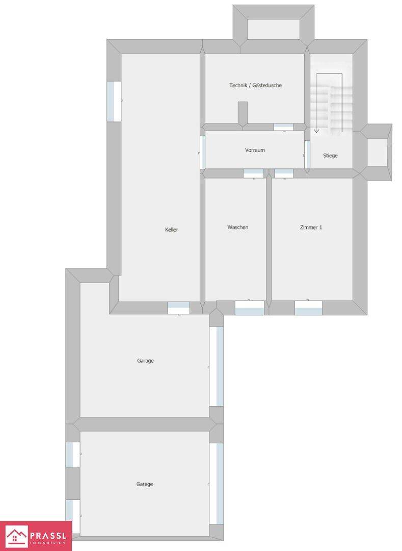 Grundriss des Untergeschosses mit Garage, Keller, Waschraum und Gästezimmer.