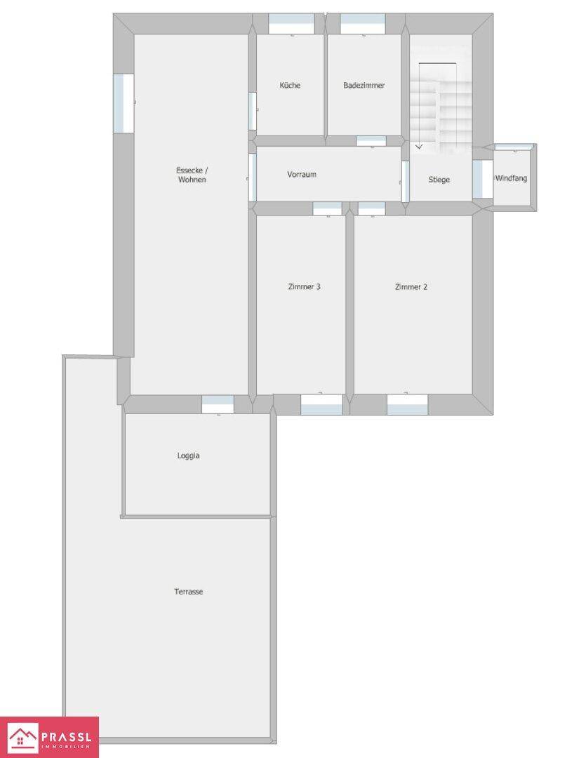 Grundriss des Erdgeschosses mit Wohn-Essbereich, Küche, zwei Zimmern und Terrasse.