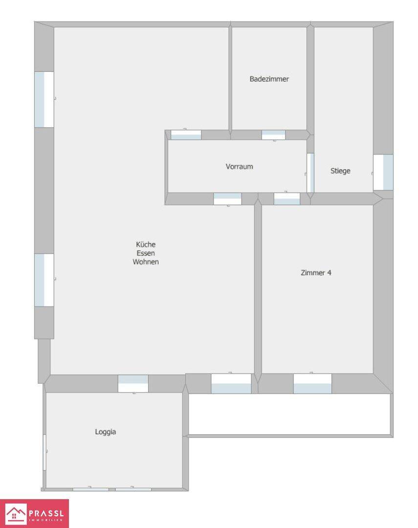 Grundriss des Obergeschosses mit offener Wohnküche, Badezimmer und Loggia.