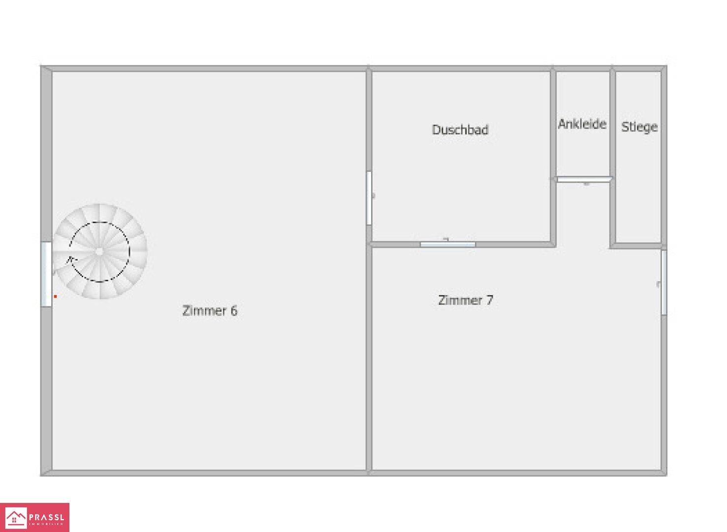 Grundriss des Dachgeschosses mit zwei Zimmern, Duschbad und Ankleidebereich.