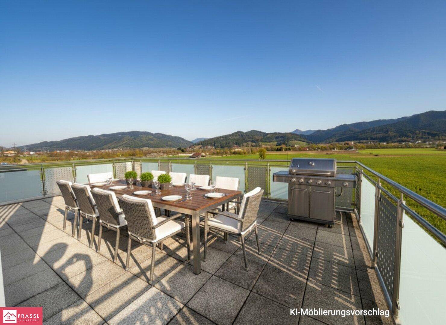Große Dachterrasse mit Esstisch, Grillbereich und weitem Blick auf die umliegende Landschaft.