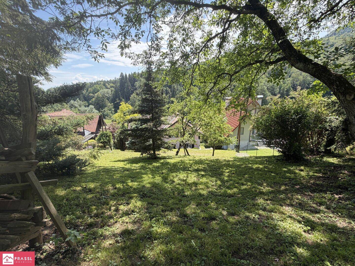 Weitläufiger Garten mit Rasenfläche, alten Bäumen und Blick ins Grüne.