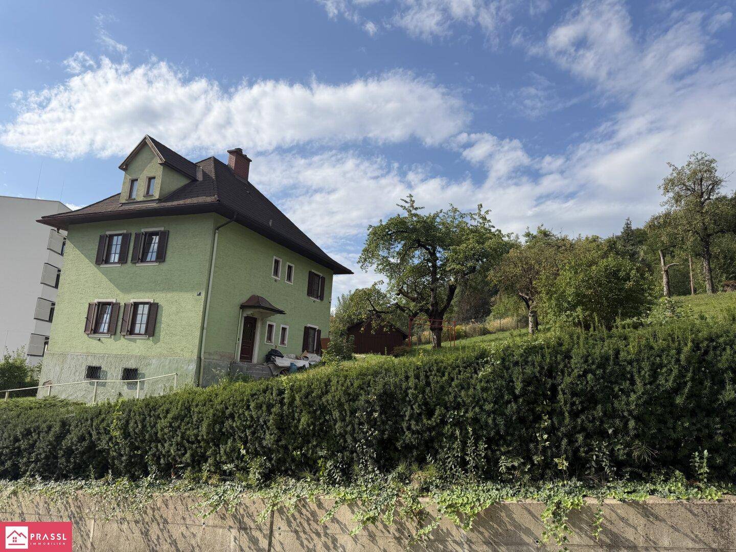 Grünes Haus mit braunen Fensterläden, umgeben von einer hohen Hecke und Bäumen.
