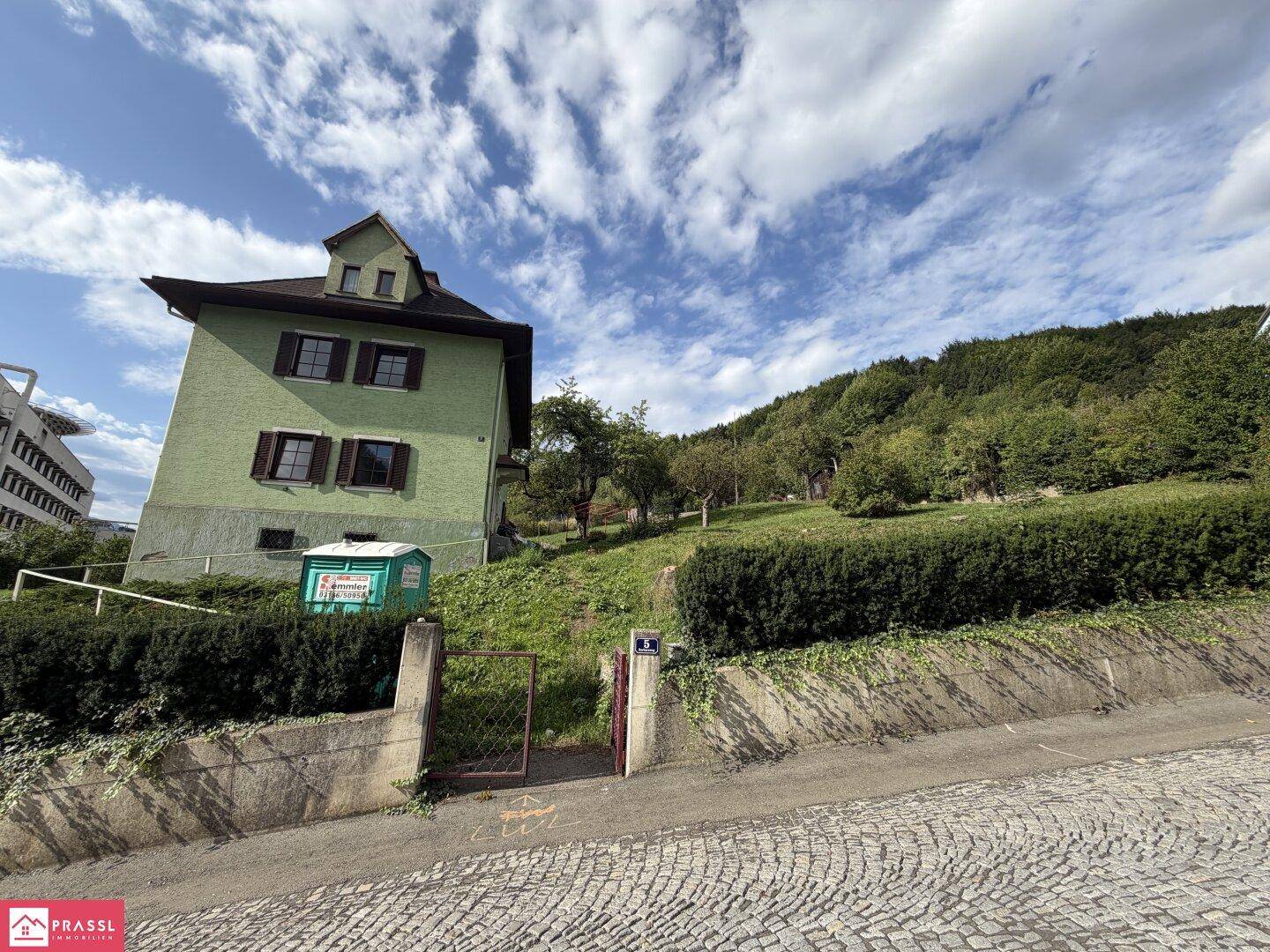 Grünes Haus auf einem Hanggrundstück, von der Straße aus gesehen, mit Hecke und Bäumen.