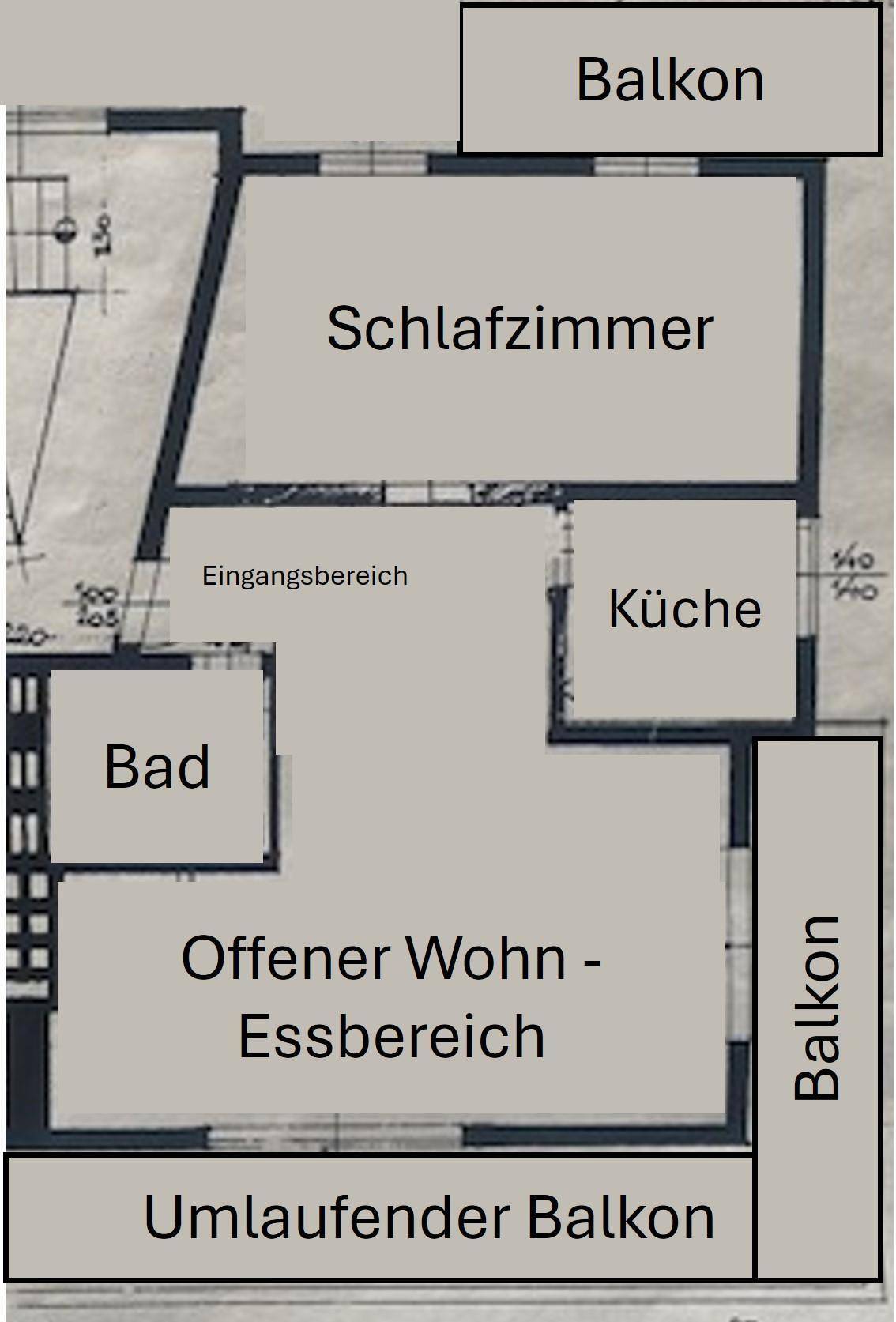 Grundriss mit offenem Wohn-Essbereich, Schlafzimmer, Küche, Bad und mehreren Balkonen.