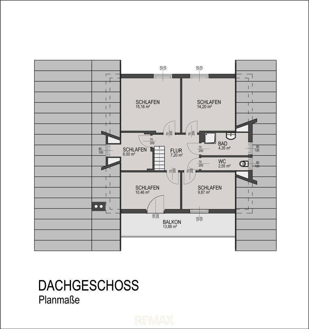 Grundriss des Dachgeschosses mit mehreren Schlafzimmern, Bad und Balkon.