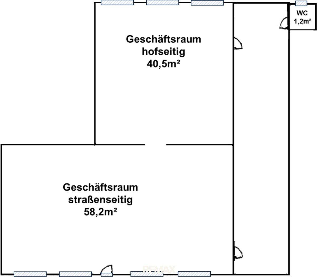 Grundrissplan zeigt zwei Geschäftsräume und ein separates WC mit Flächenangaben.