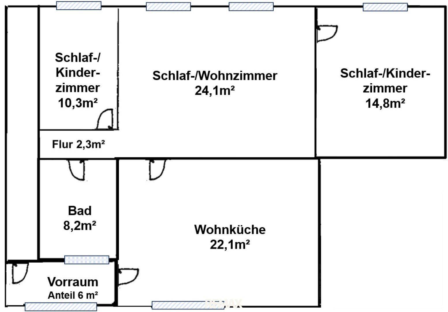 Grundrissplan mit vier Zimmern, einer Wohnküche und einem Badezimmer, inklusive Flächenangaben.