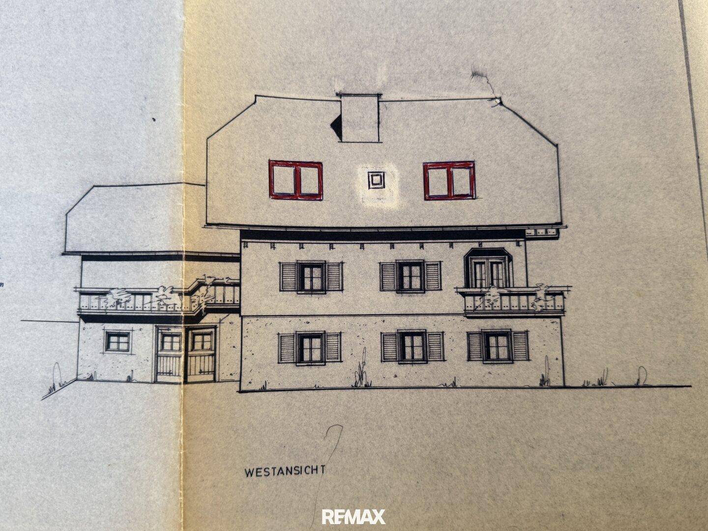Architektonische Zeichnung der Westansicht des Gebäudes mit Balkonen.