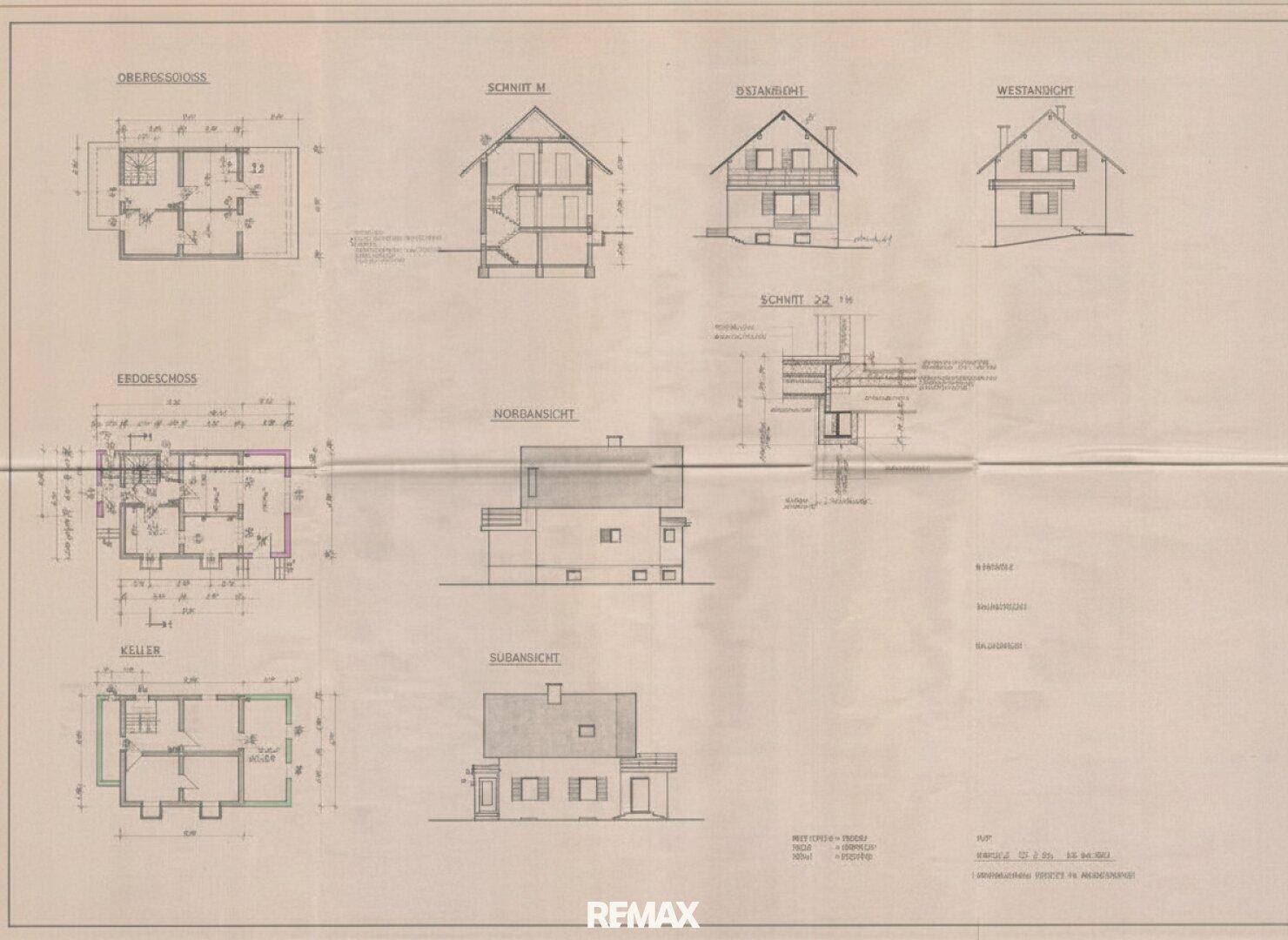 Detaillierter Bauplan mit Grundrissen, Schnitten und Ansichten des Hauses.