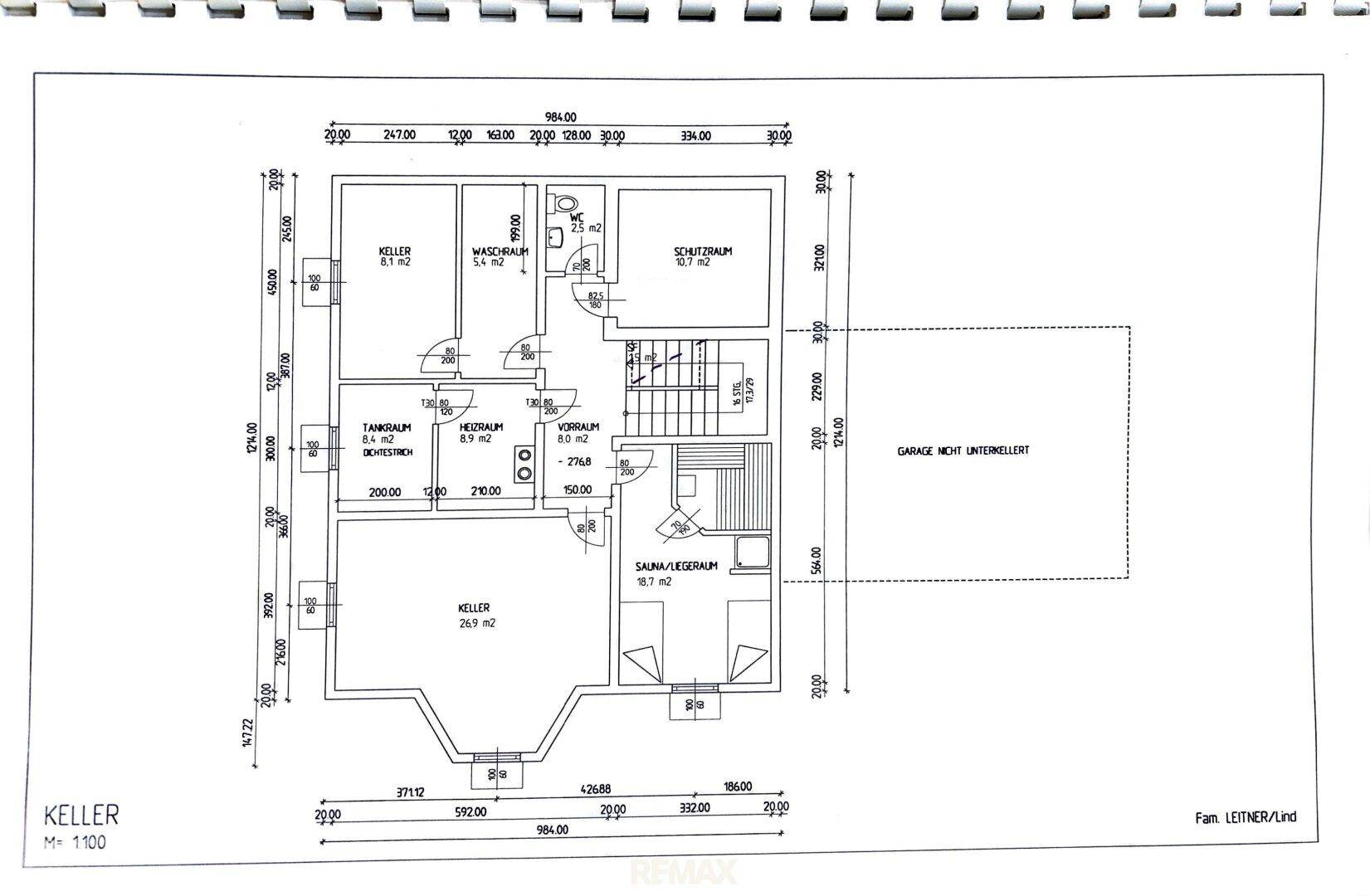 Grundriss des Kellergeschosses mit Waschraum, Heizraum, Schutzraum und Saunabereich.