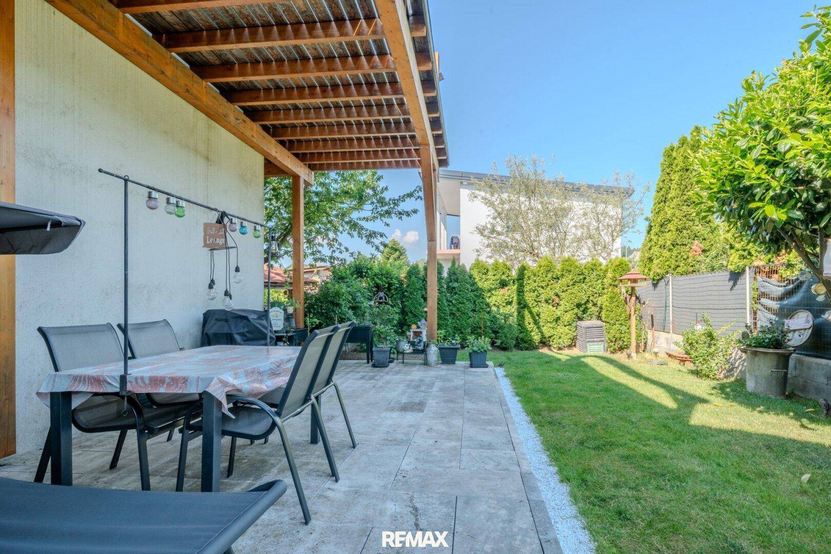 Überdachte Terrasse im Garten mit Essbereich und Rasenfläche.
