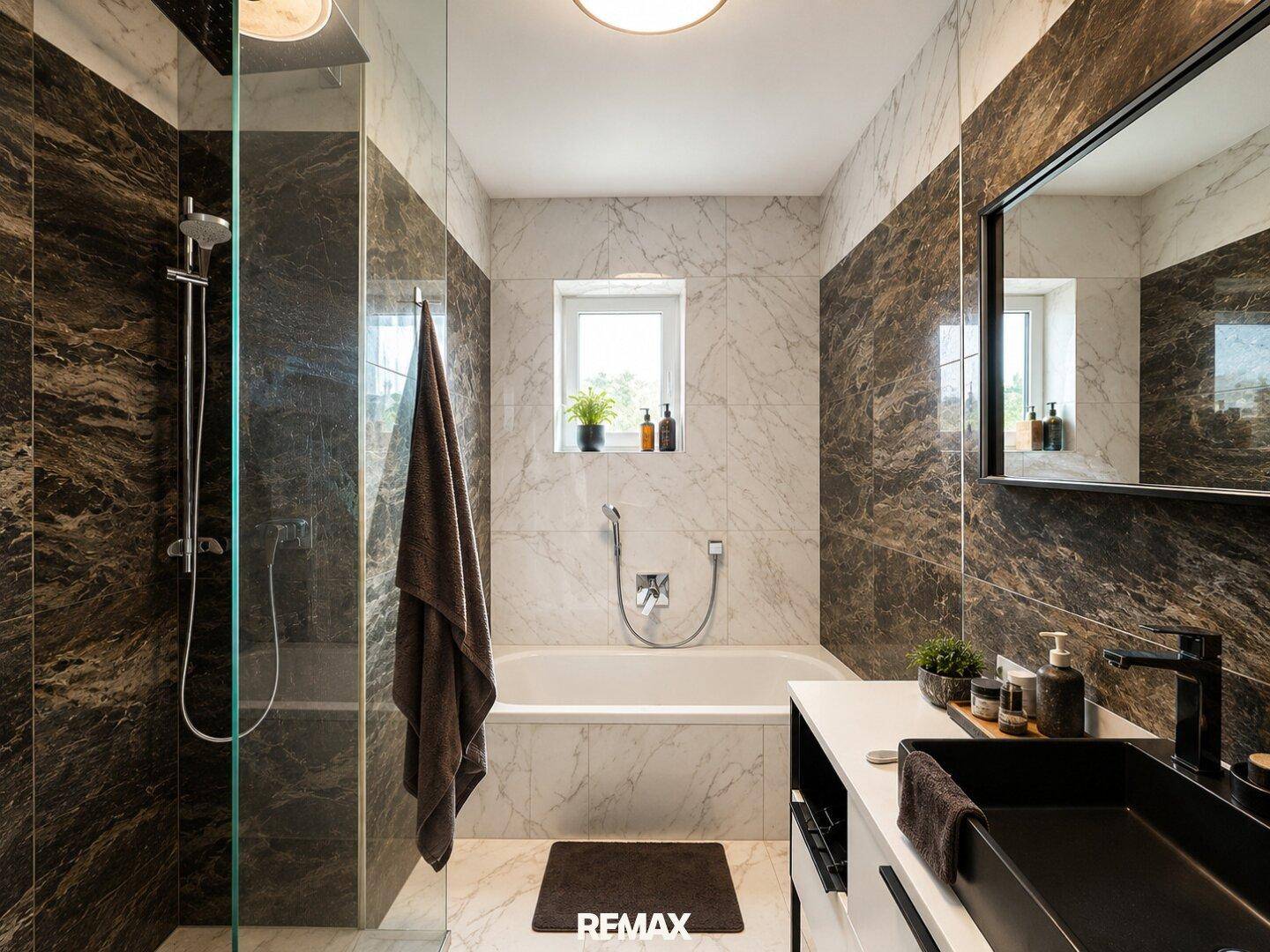 Elegantes Badezimmer mit dunklen und hellen Marmorfliesen, Badewanne und begehbarer Dusche.