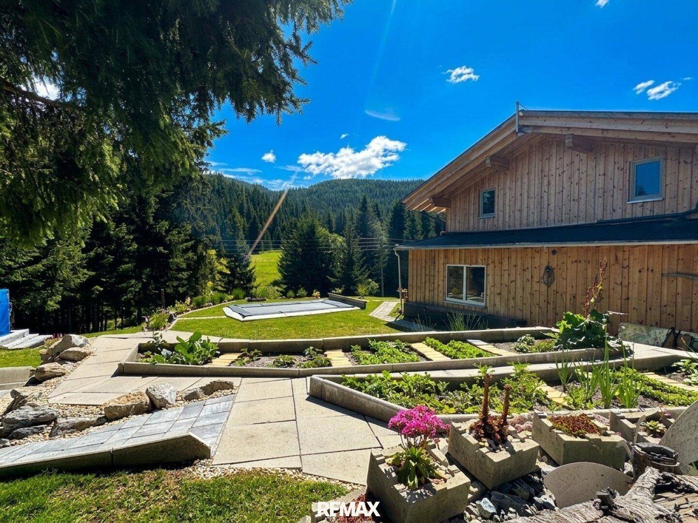 Gestufter Garten mit verschiedenen Pflanzenbeeten und Blick auf das Holzhaus.