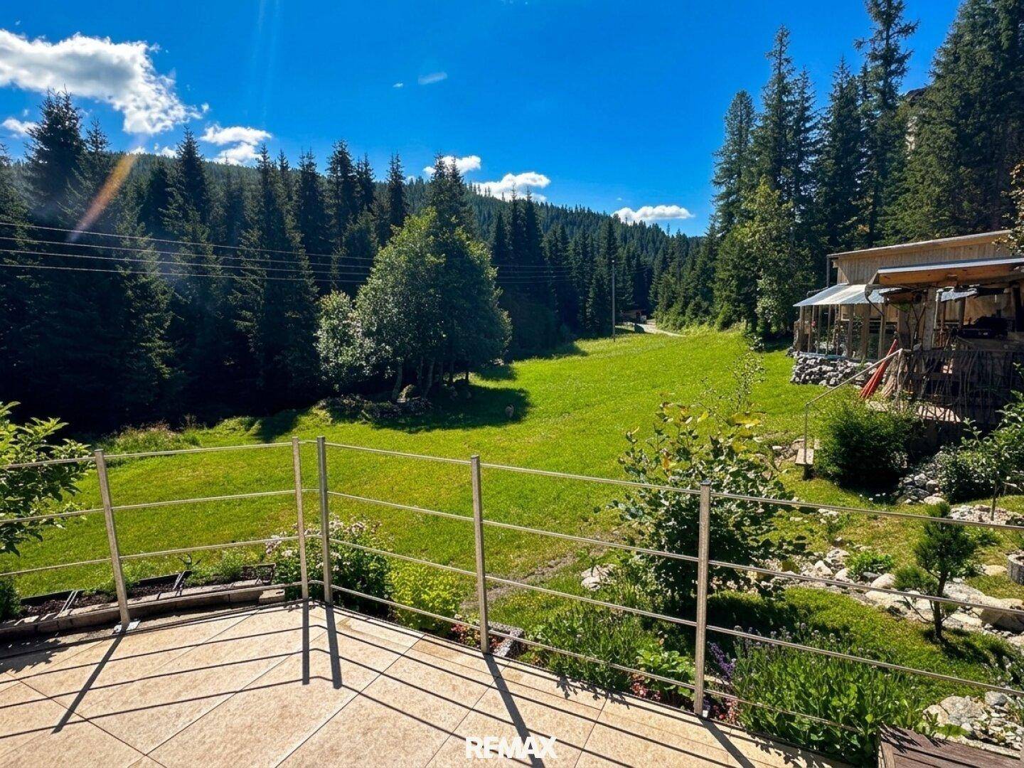 Aussicht von einem Balkon mit Metallgeländer über eine grüne Wiese und den Wald.