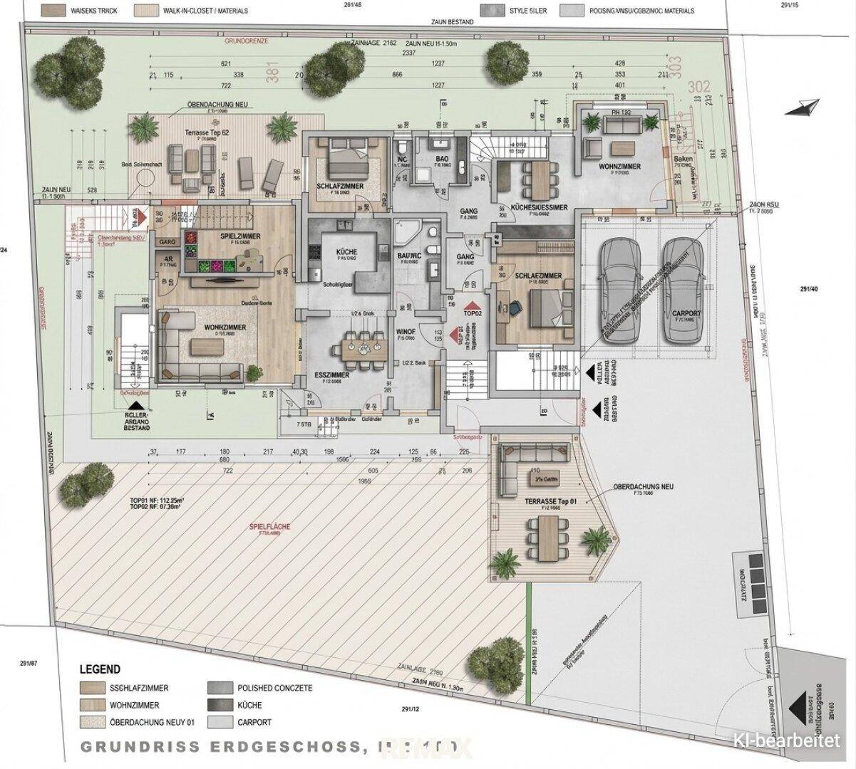 Detaillierter Grundriss des Erdgeschosses mit offenem Wohnbereich, mehreren Schlafzimmern, Terrassen und großem Garten.