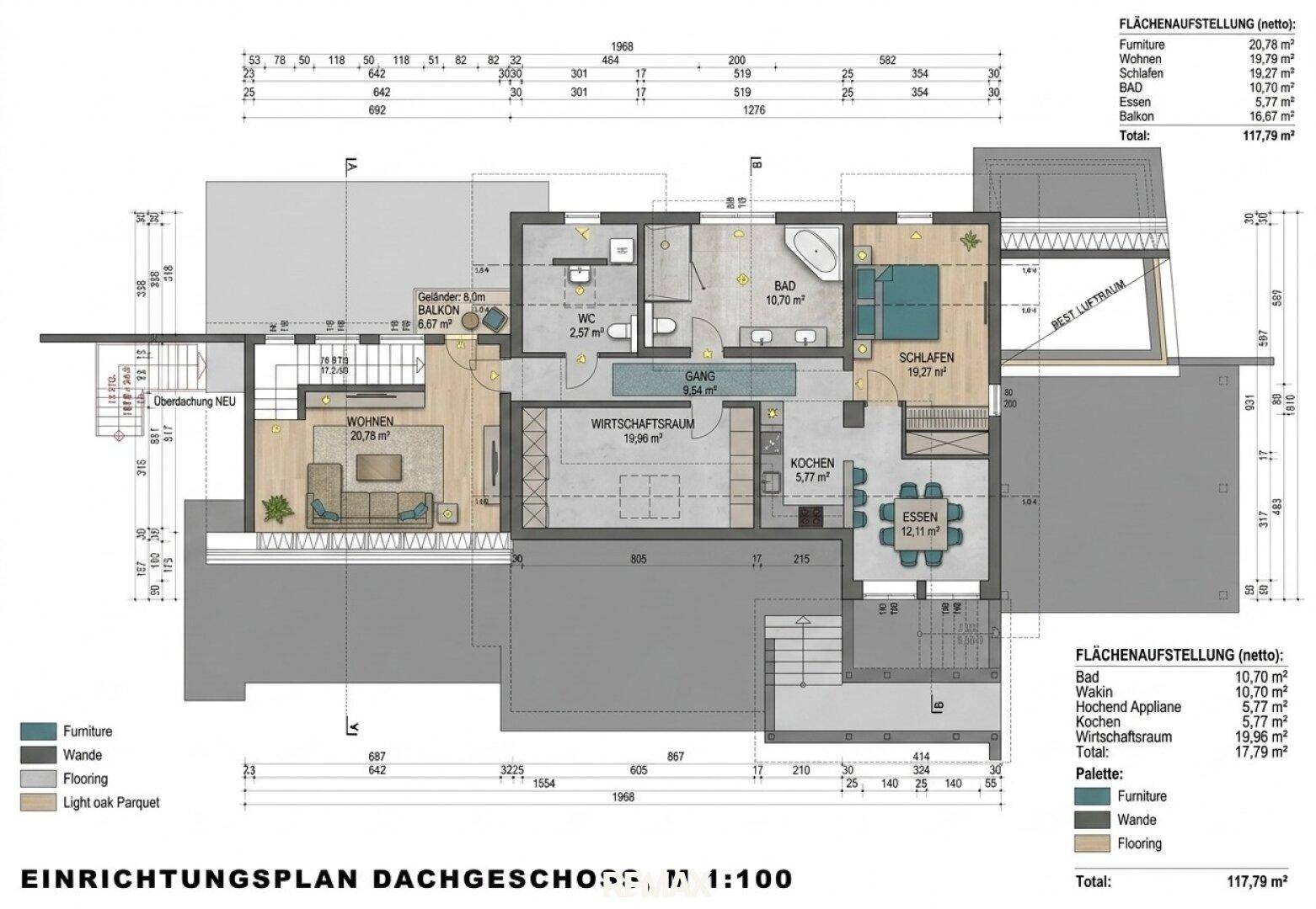 Einrichtungsplan des Dachgeschosses mit offenem Wohnbereich, Schlafzimmer, modernem Bad und Balkon.