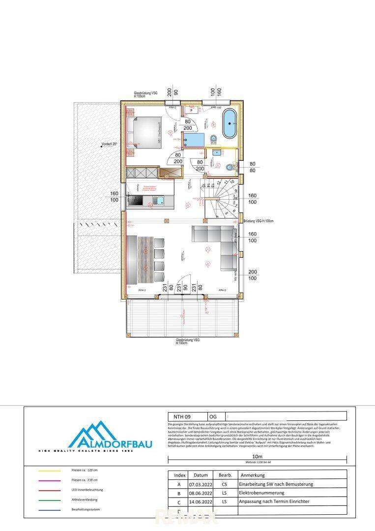 Grundriss des Obergeschosses mit offenem Wohn-Essbereich und Balkon.