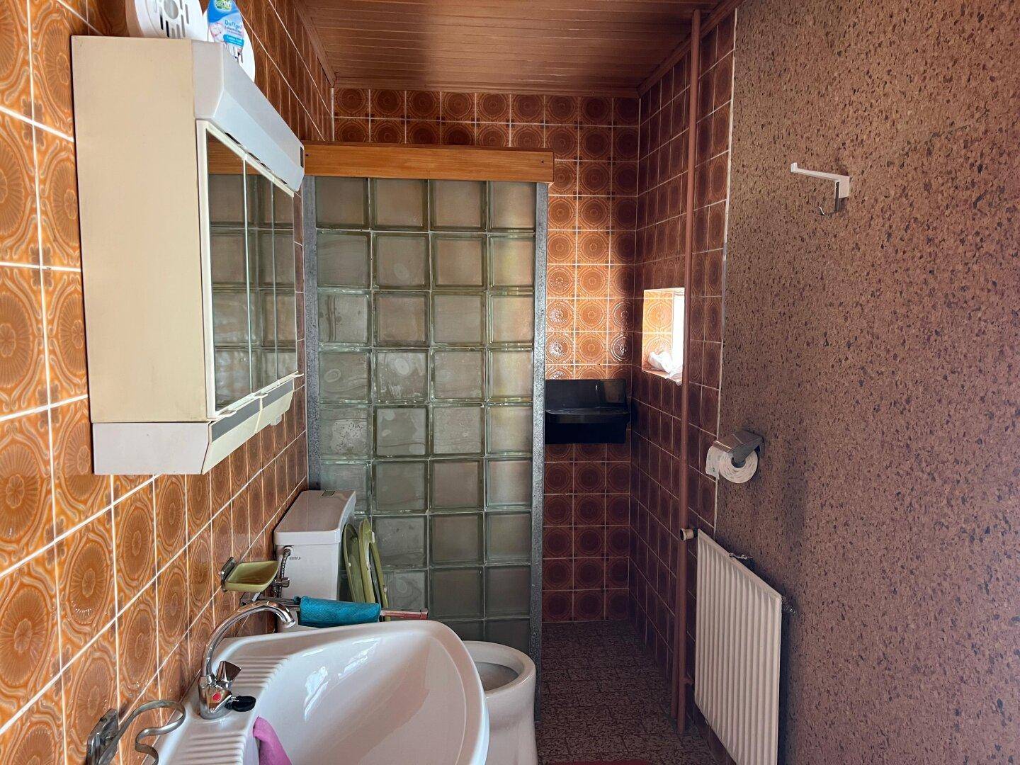 Kleines Badezimmer mit braunen Fliesen, Waschbecken und WC, im Stil der 80er Jahre.