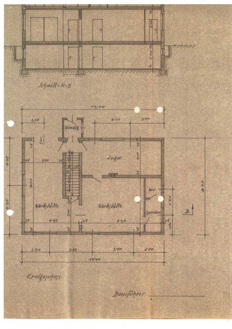 Historischer Grundriss des Erdgeschosses mit Werkstatt, Lager und WC, übersichtlich gezeichnet.