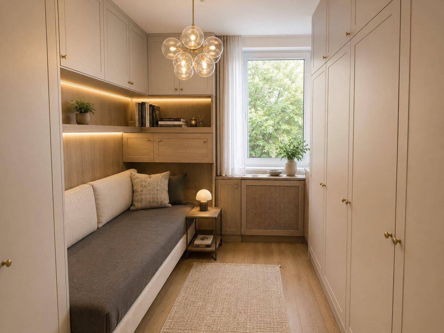 Kleines, helles Zimmer mit Einbauschränken, Tagesbett und Blick ins Grüne.