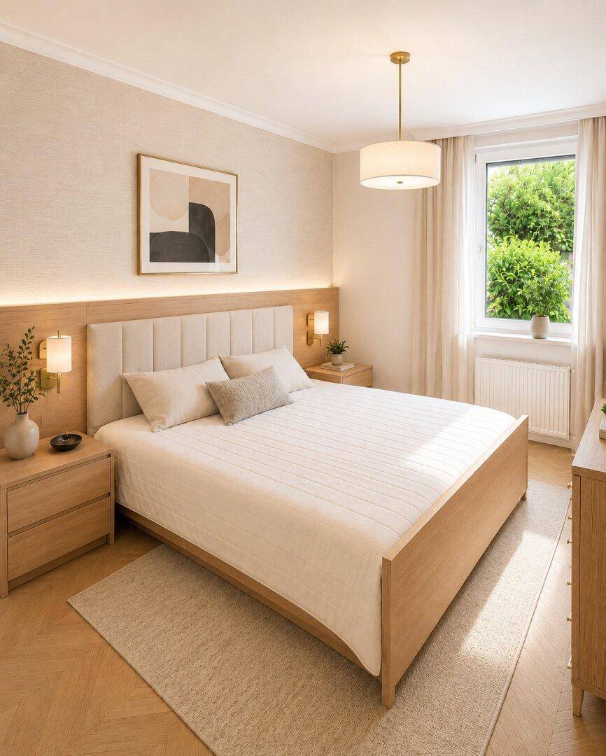 Helles Schlafzimmer mit Holzbett, Parkettboden und Blick auf grüne Bäume.