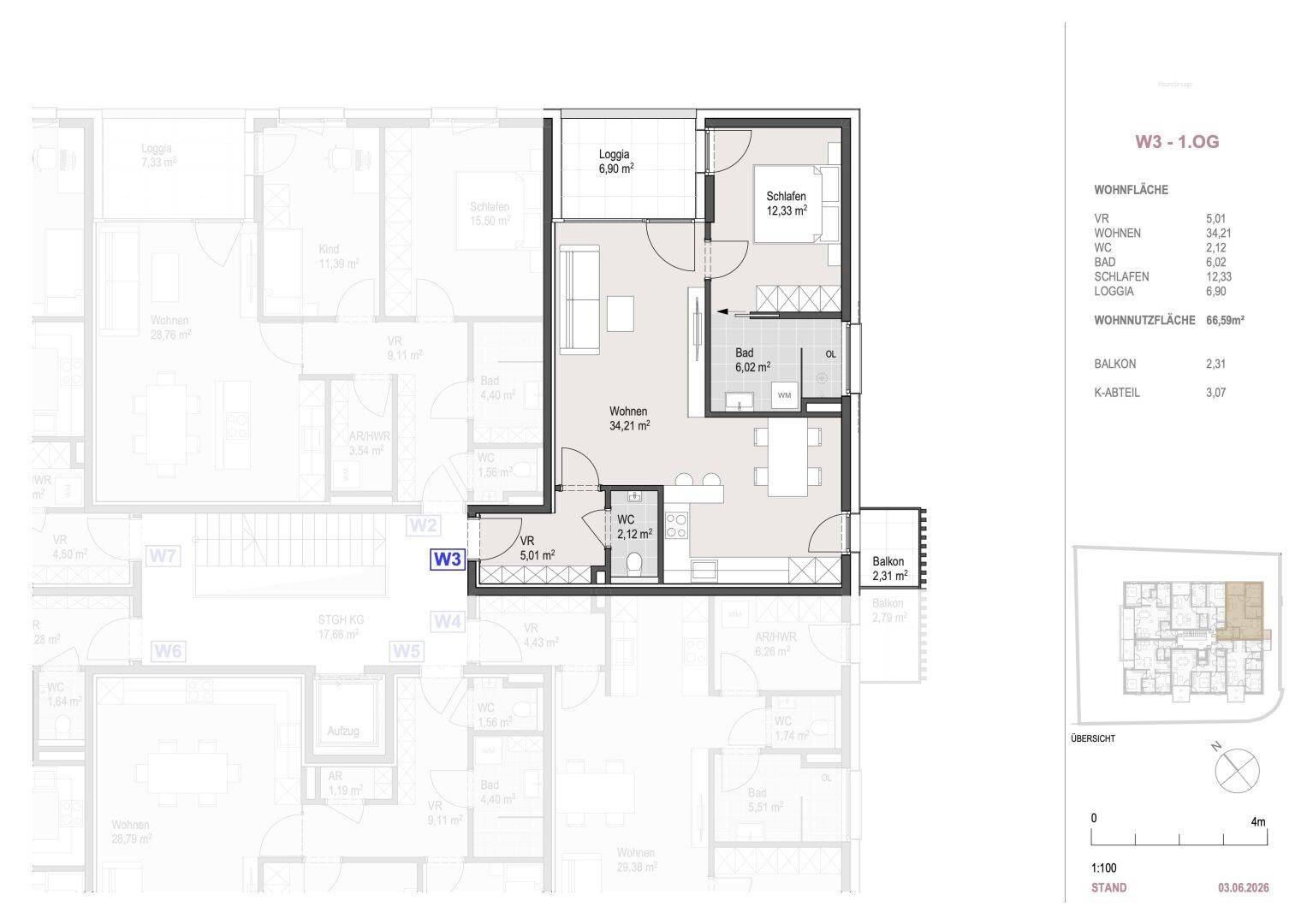 Grundriss einer Wohnung mit offenem Wohnbereich, Schlafzimmer, Bad, WC und Loggia.