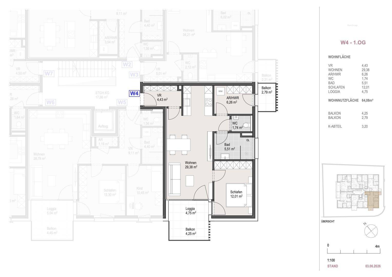 Grundriss der Wohnung W4 im ersten Obergeschoss mit Balkon und Loggia.