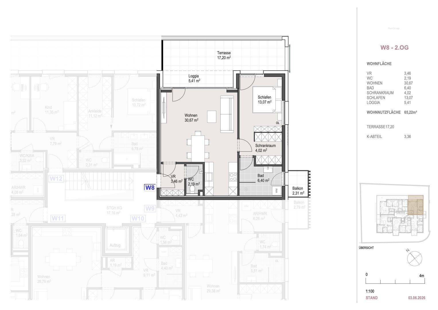Grundriss der Wohnung W8 im 2. Obergeschoss mit Wohnbereich, Schlafzimmer, Bad, Loggia und Terrasse.