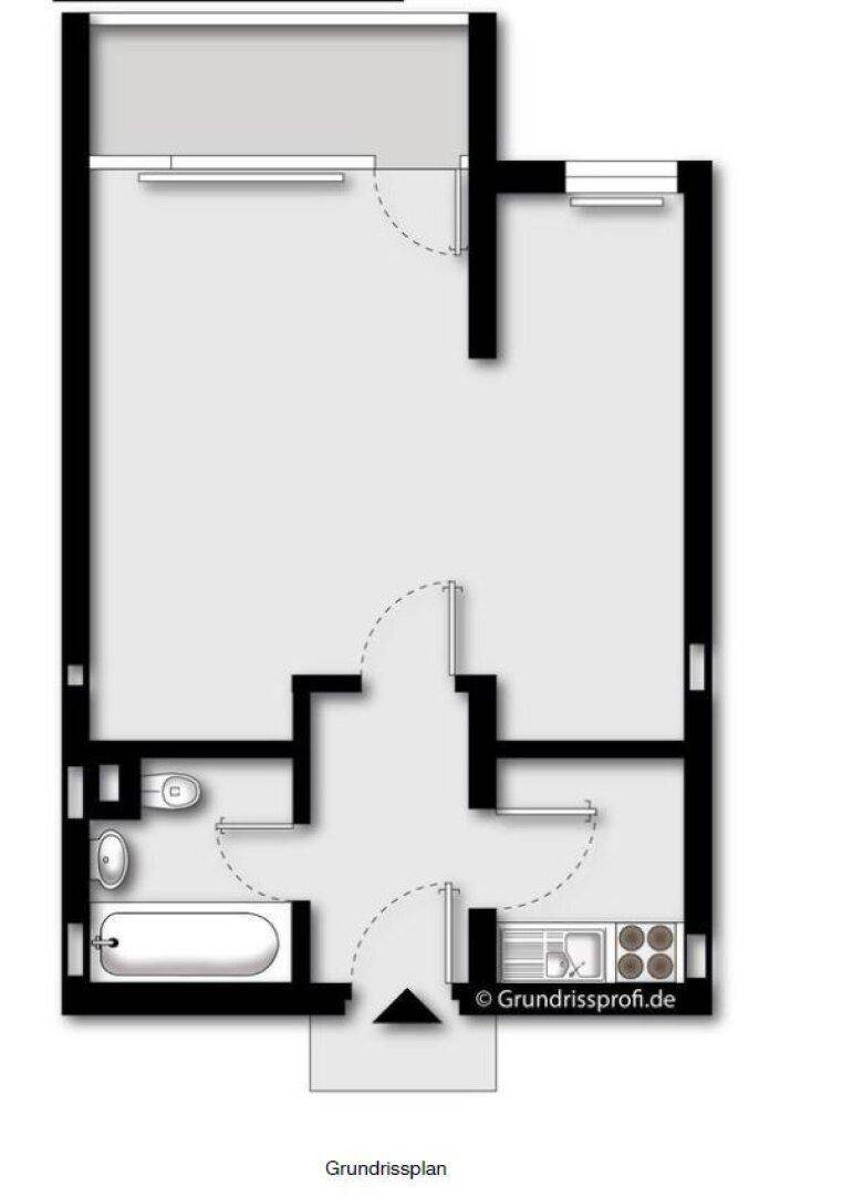 Grundriss einer kleinen Wohnung mit Bad, Küche und offenem Wohnbereich.