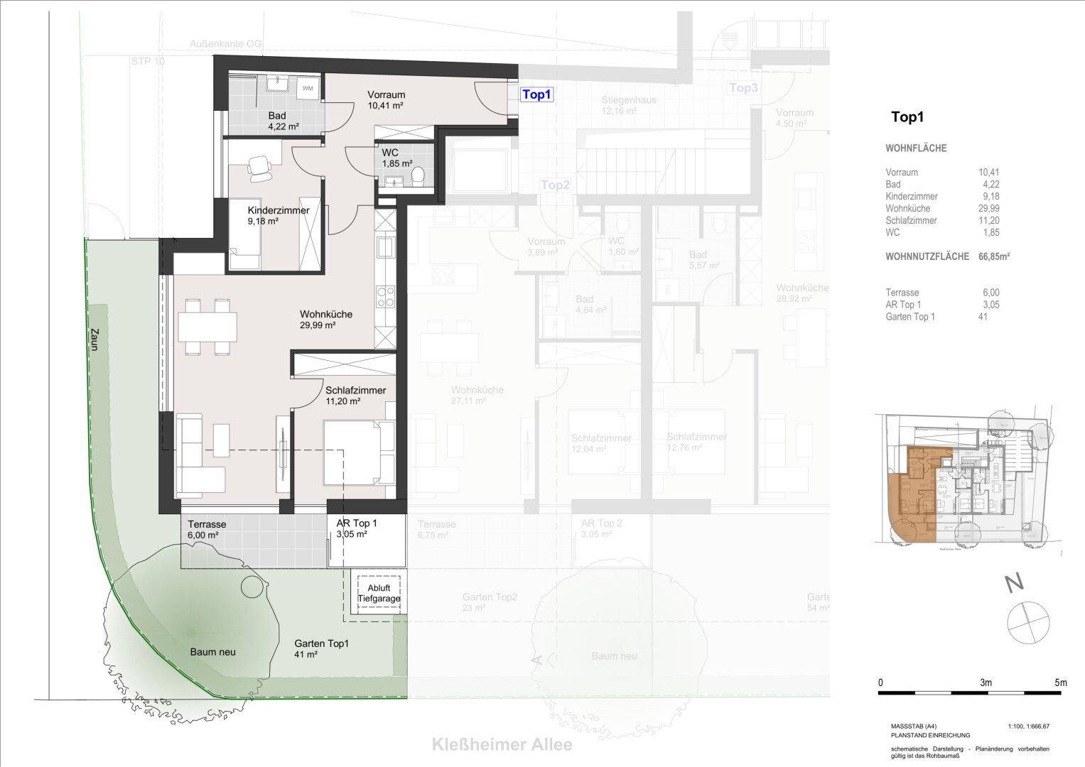 Detaillierter Grundriss der Wohnung Top1 mit offenem Wohnbereich, Terrasse und privatem Garten.