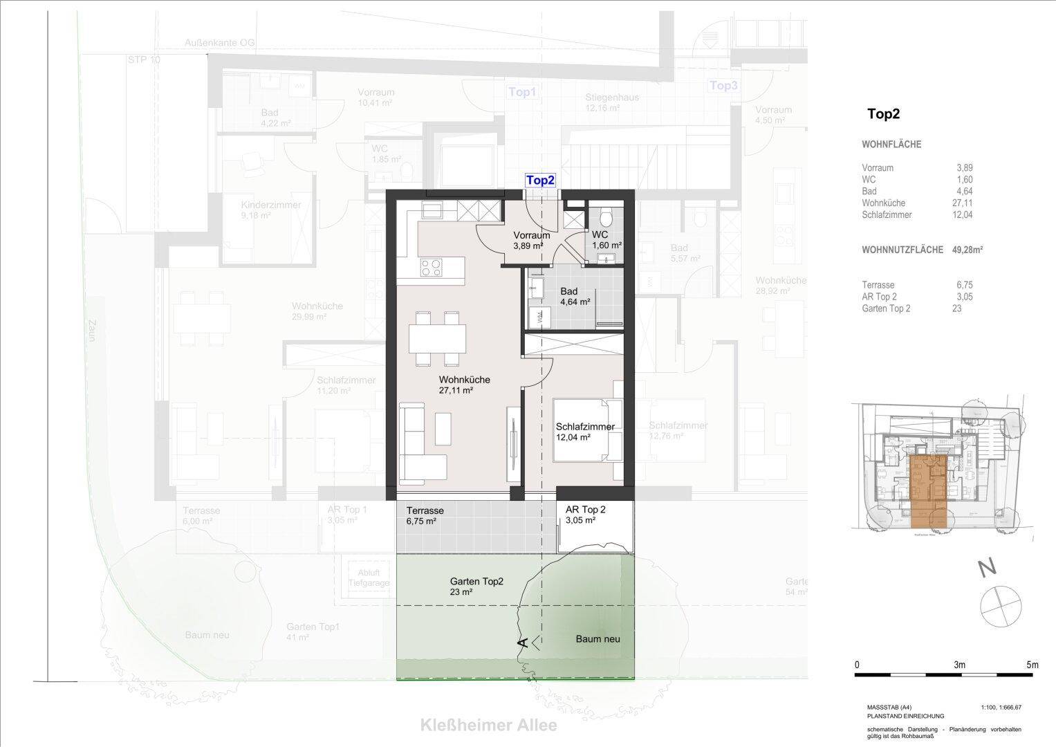 Grundriss der Einheit Top2 mit offener Wohnküche, Schlafzimmer, Bad, WC, Terrasse und Garten.