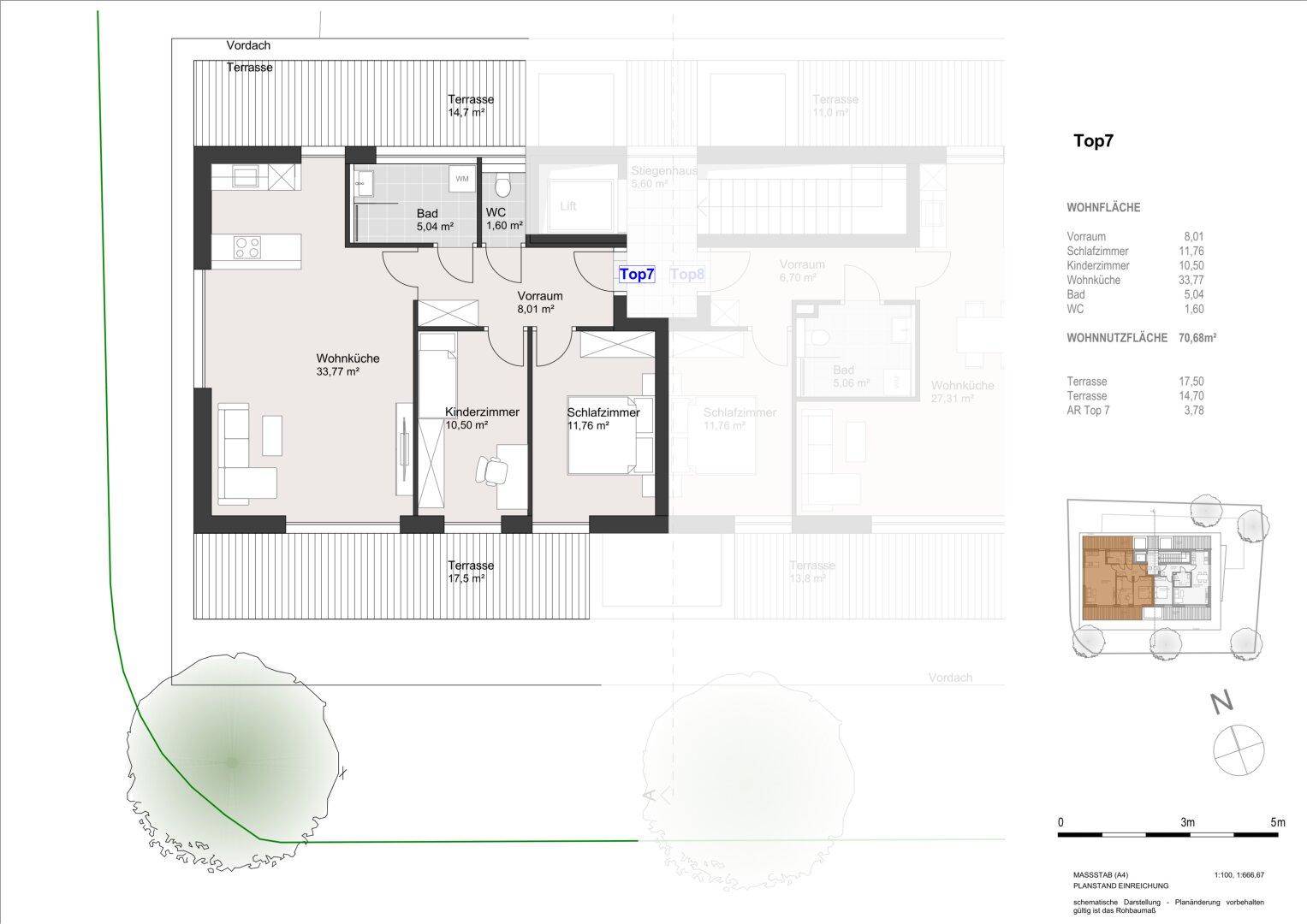 Grundriss der Wohnung Top 7 mit offener Wohnküche, zwei Schlafzimmern und zwei Terrassen.