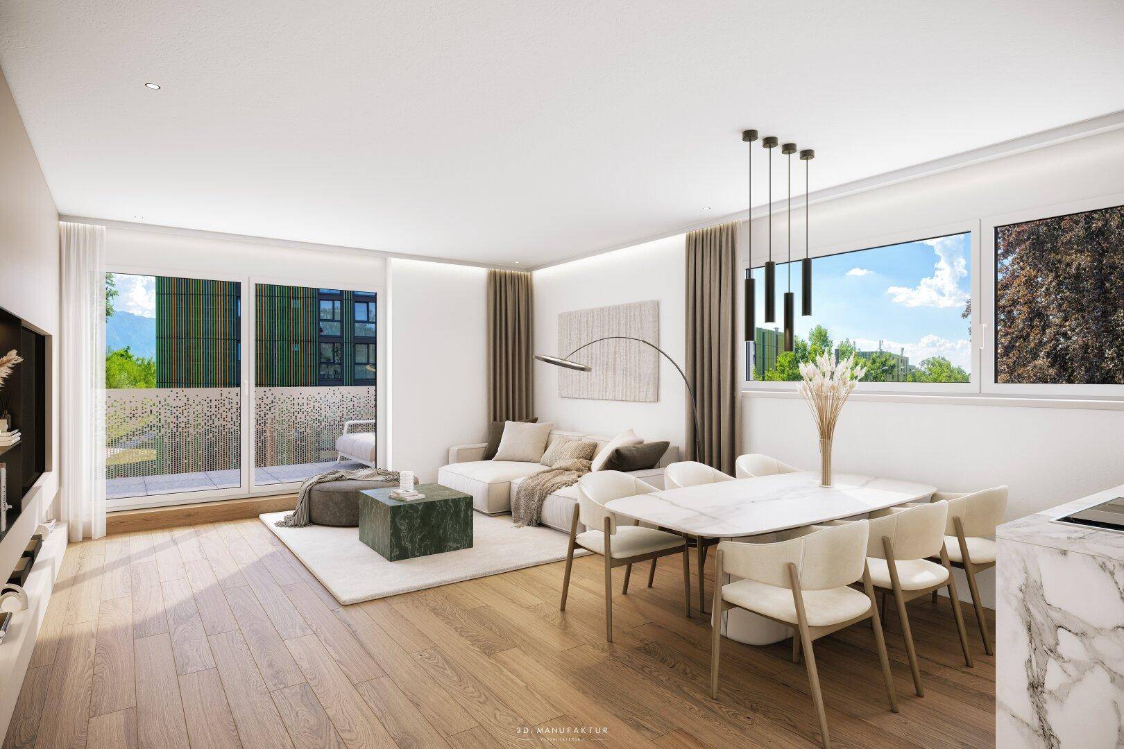 Heller, offener Wohn-Essbereich mit modernem Design, Holzboden und Zugang zum Balkon.