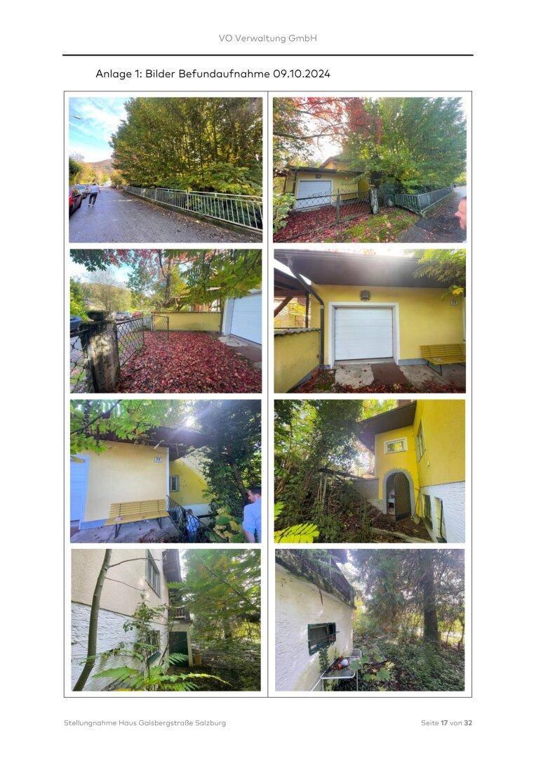 Verschiedene Außenansichten des Gebäudes und des Grundstücks mit Herbstlaub und Vegetation.