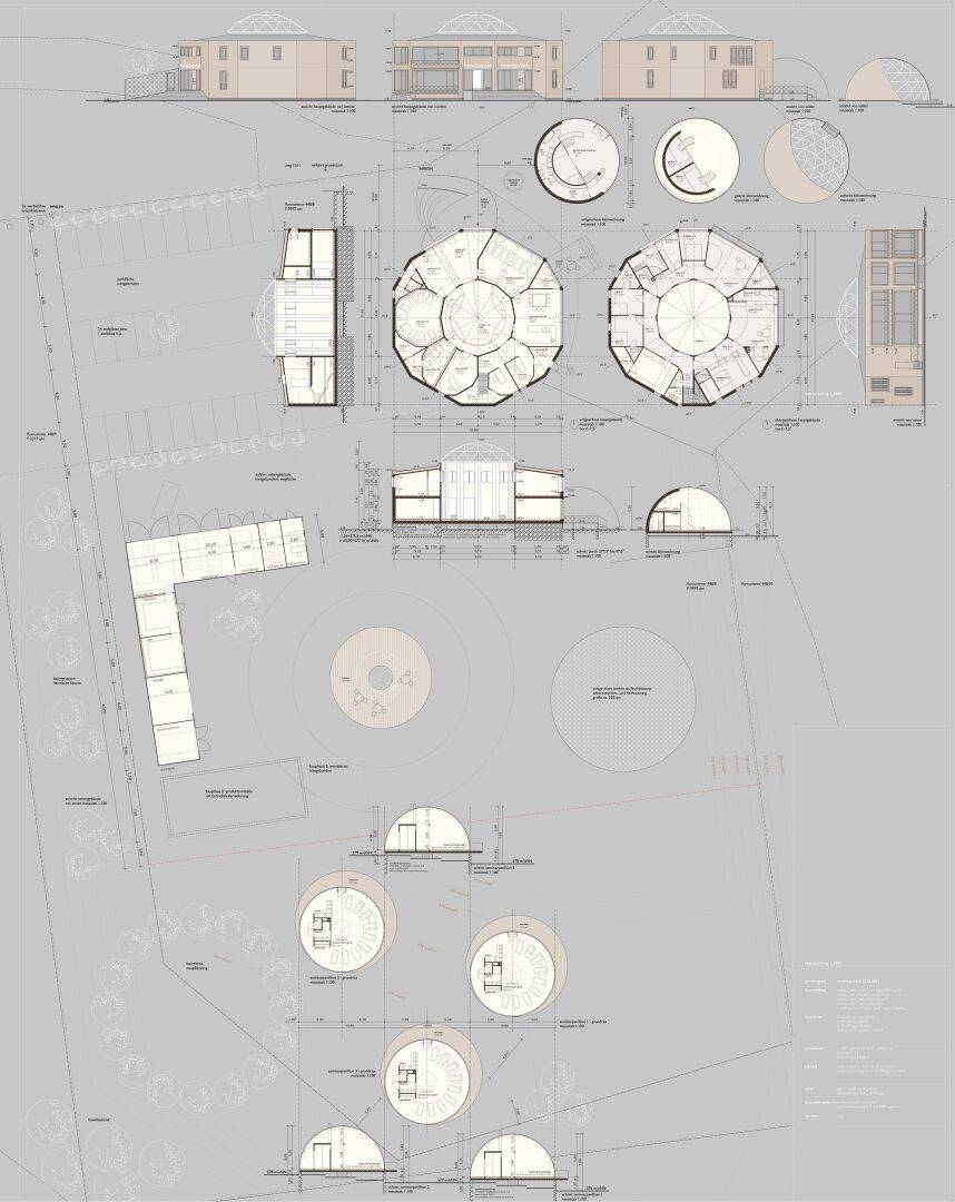 Detaillierte architektonische Zeichnung mit Grundrissen, Schnitten und Ansichten der Gebäude.