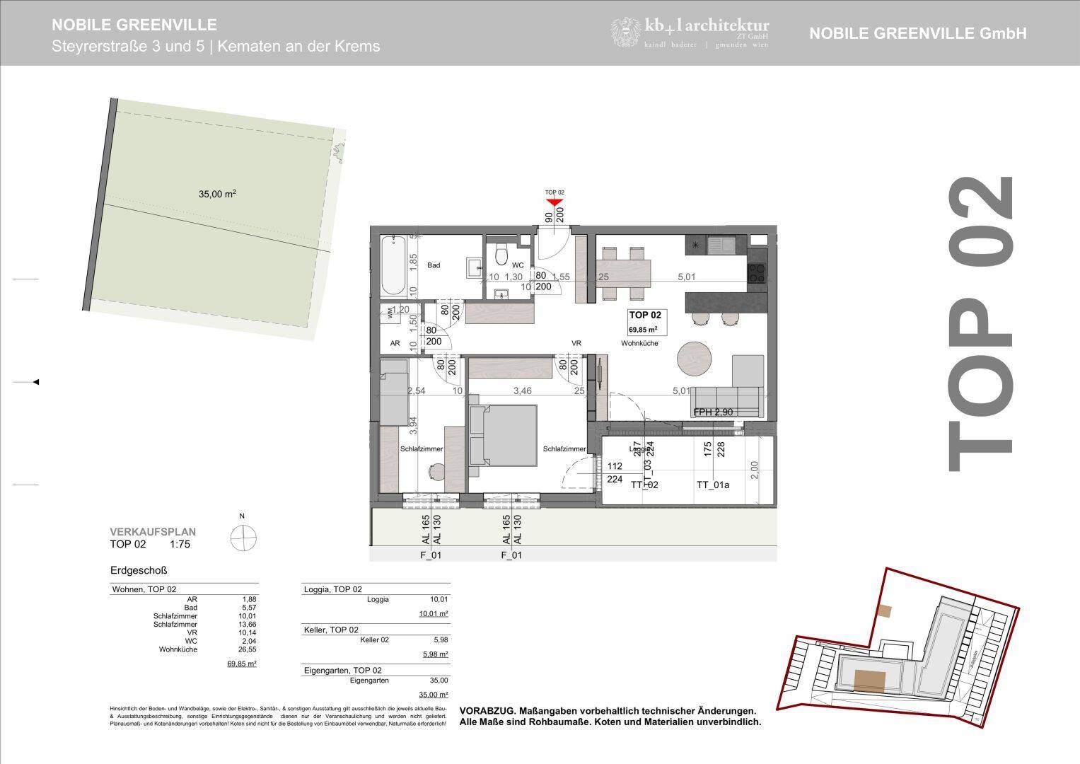 Grundriss der Wohnung TOP 02 mit Loggia und Gartenanteil im Erdgeschoss.