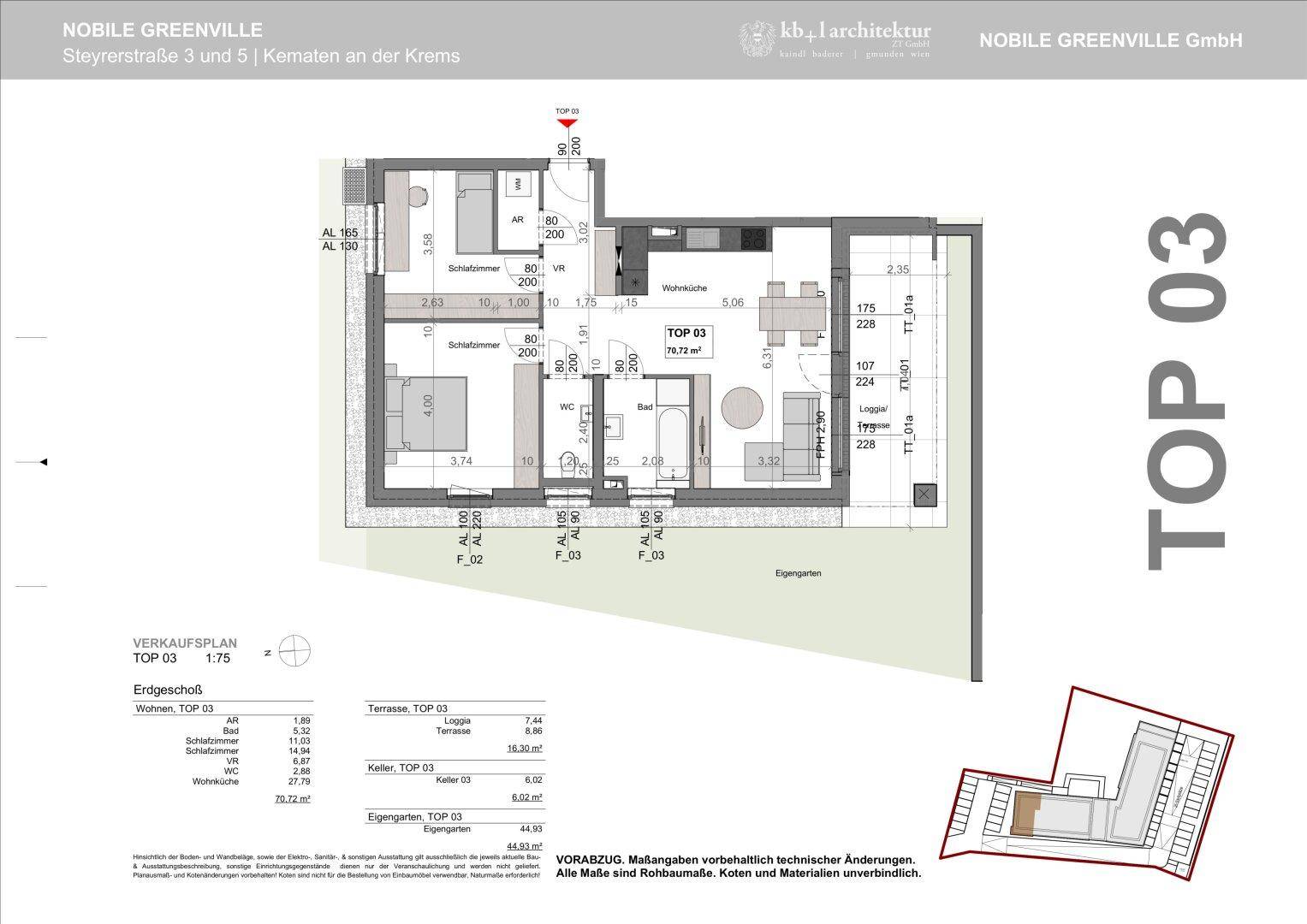 Grundriss der Wohnung TOP 03 im Erdgeschoss mit Terrasse und Eigengarten.