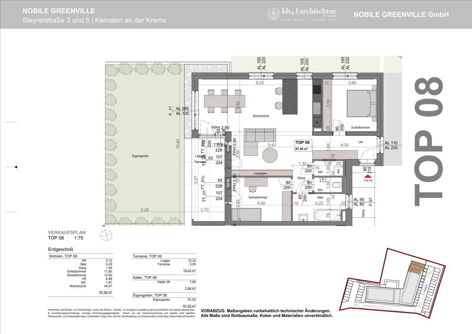 Detaillierter Grundriss der Wohneinheit TOP 08 mit Garten und Terrasse.