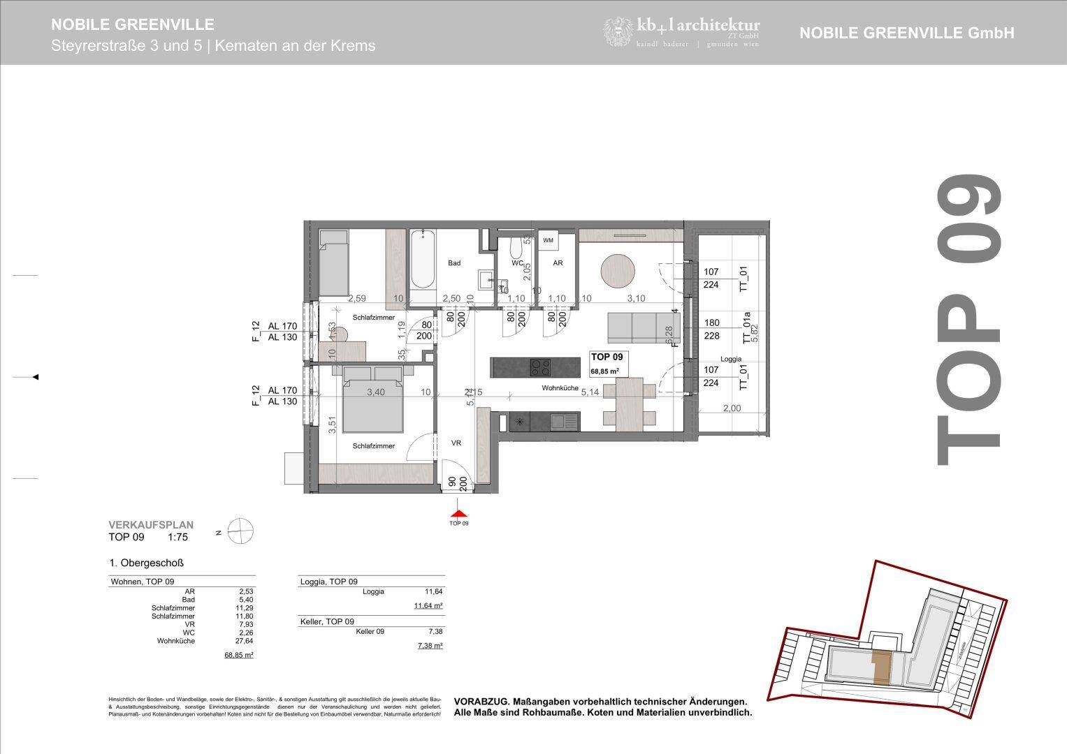Grundriss der Wohnung TOP 09 mit Loggia und zwei Schlafzimmern.