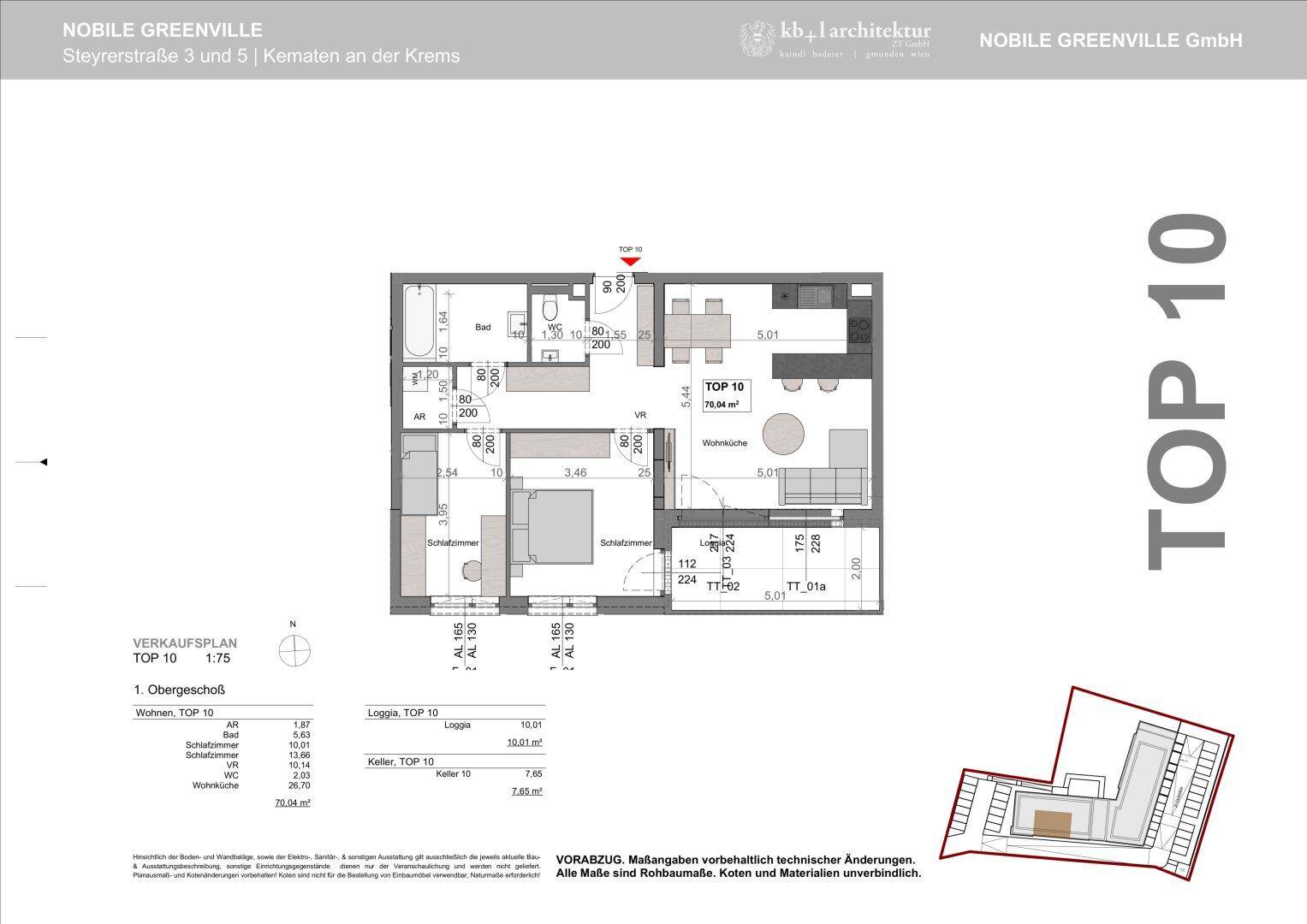 Grundriss der Wohnung TOP 10 mit zwei Schlafzimmern und einer Loggia im Obergeschoss.