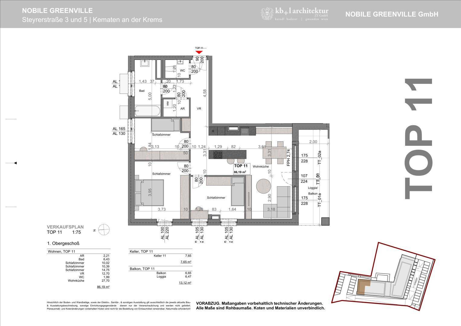 Detaillierter Grundriss der Wohnung Top 11 im ersten Obergeschoss mit Loggia.