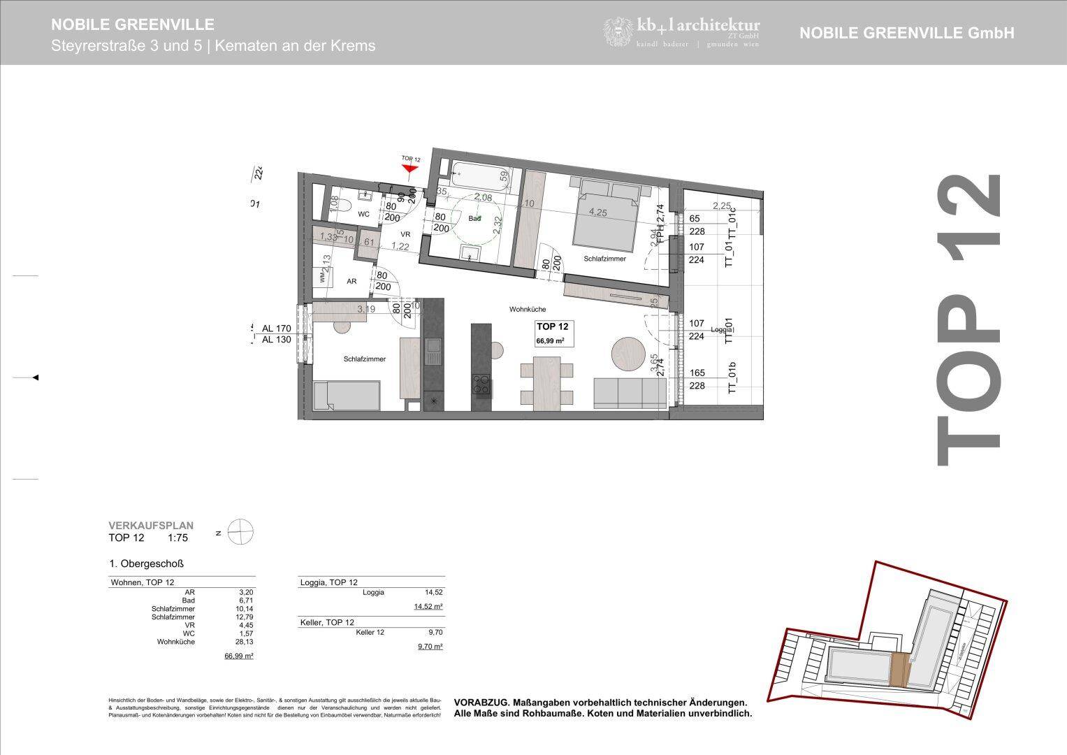 Grundriss der Wohnung TOP 12 im Obergeschoss mit Loggia und offenem Wohnbereich.
